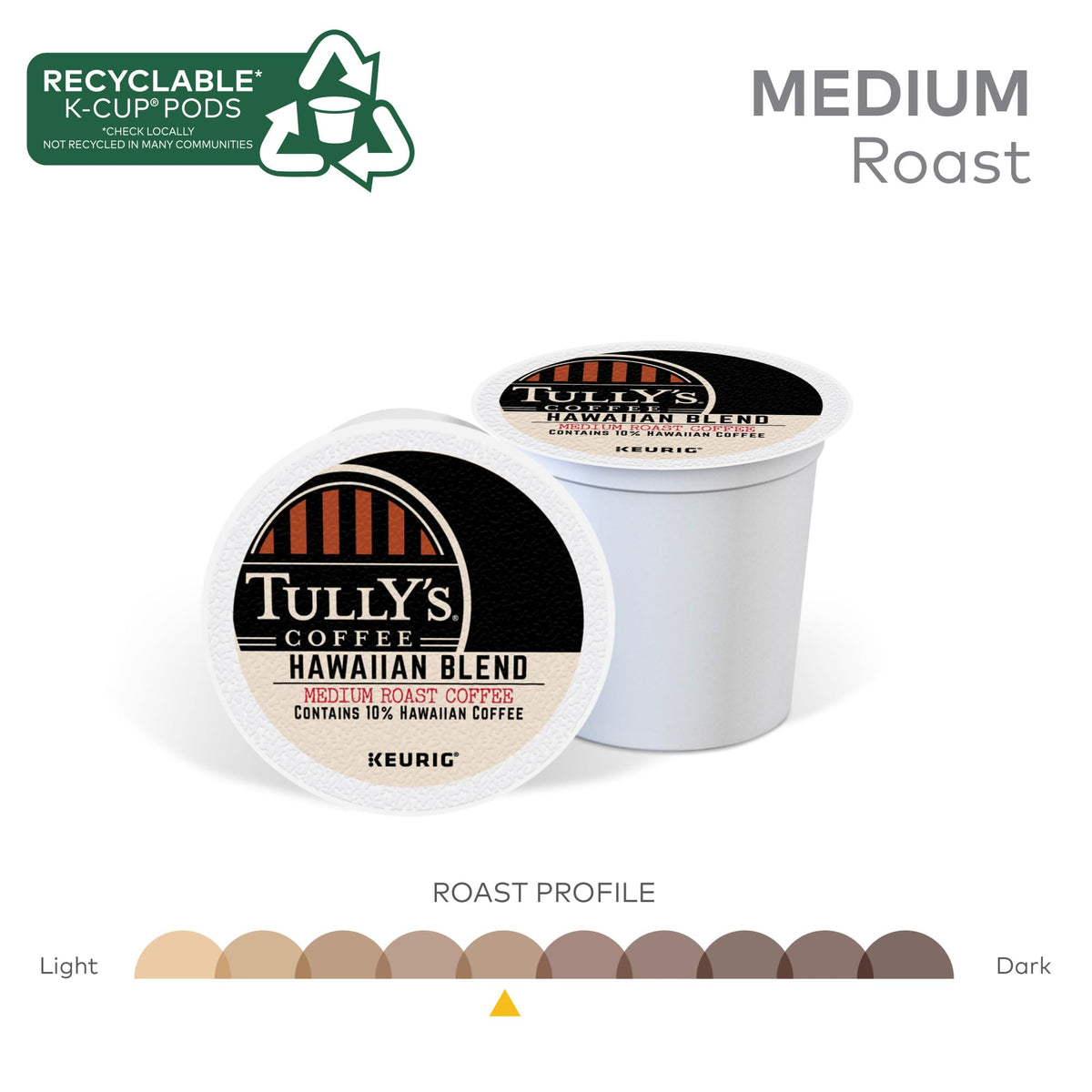 Packaging box of Tully's Hawaiian Blend K-Cups displayed for pantry storage.