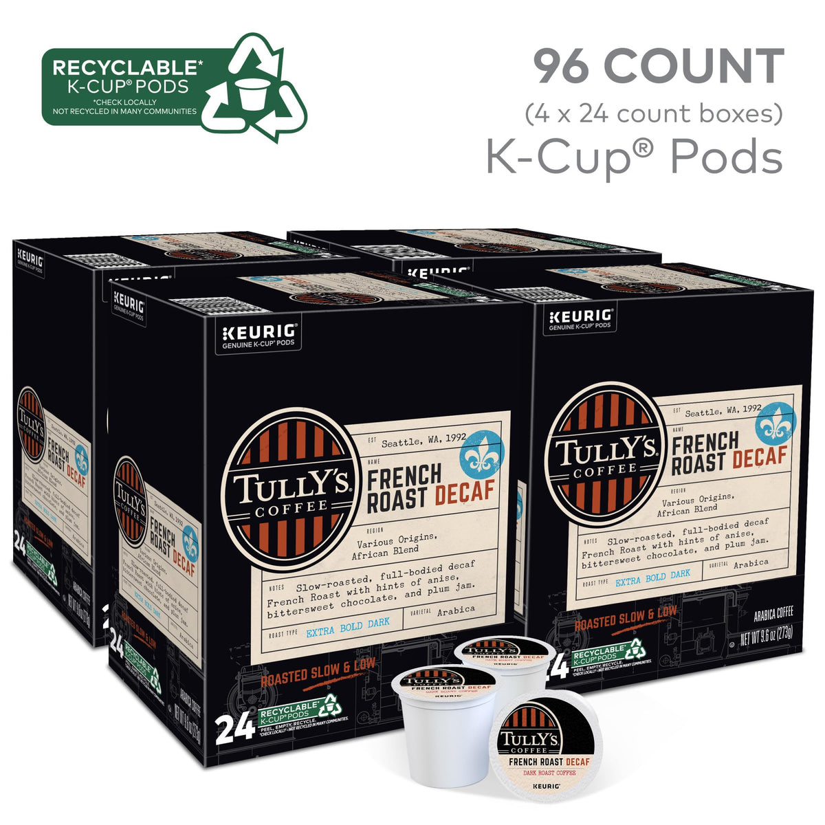 Tully's French Roast Decaf K-Cup closeup with bold flavor.
