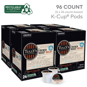 Tully's French Roast Decaf K-Cup closeup with bold flavor.