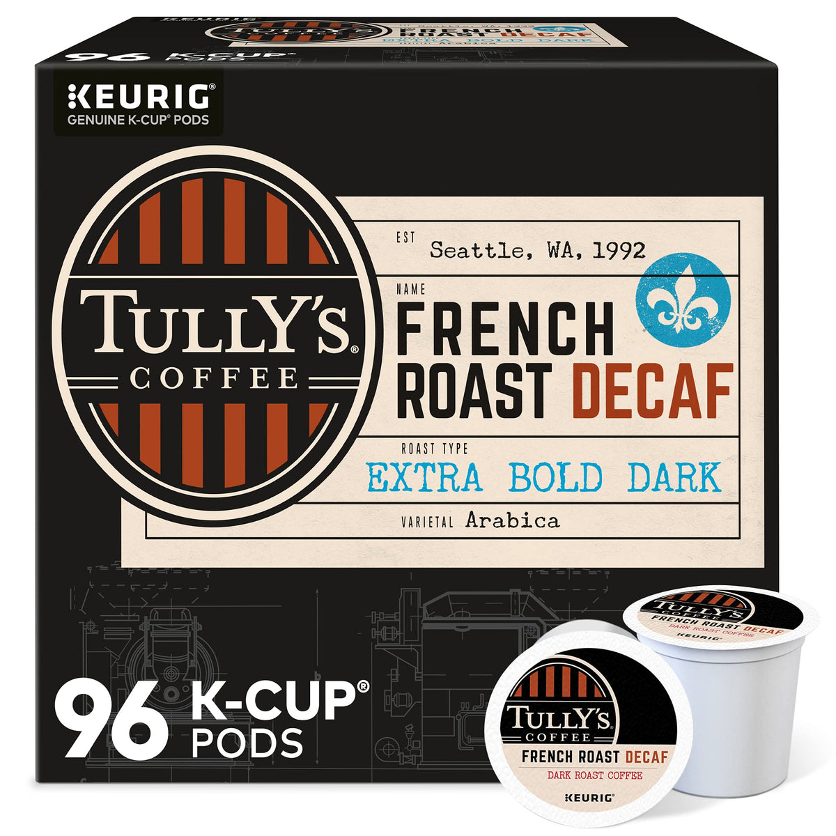 Tully's French Roast Decaf pods on box, inviting Keurig brewers.