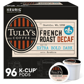 Tully's French Roast Decaf pods on box, inviting Keurig brewers.