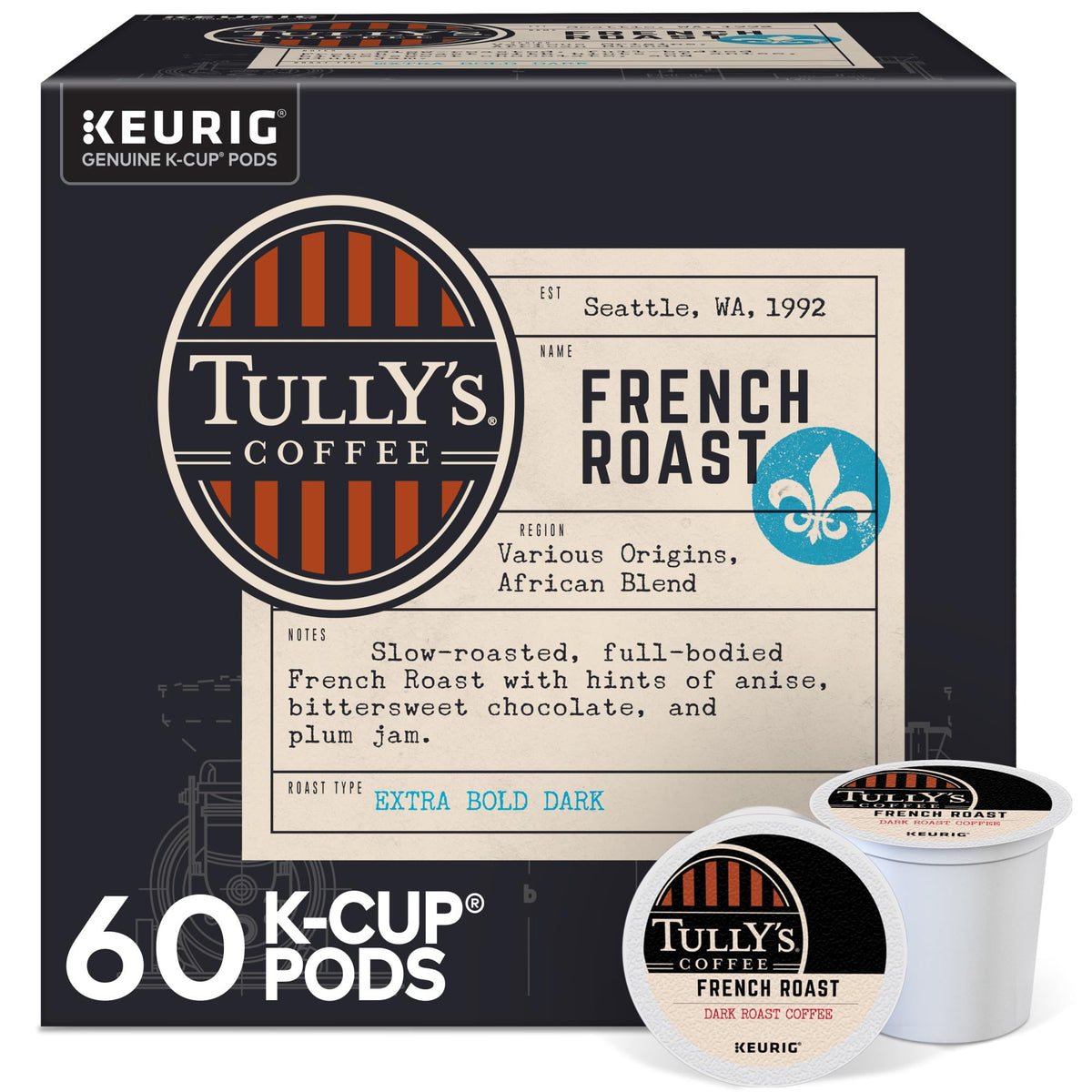 TULLY'S French Roast K-Cup pods in box with bold aroma and convenience.