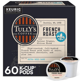 TULLY'S French Roast K-Cup pods in box with bold aroma and convenience.