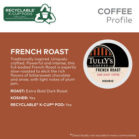 French Roast K-Cup pods by TULLY'S, showcasing dark, full-bodied coffee.