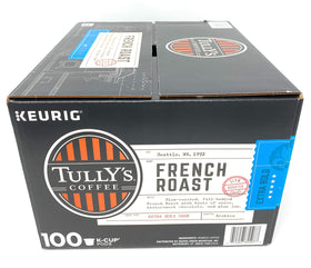 Tully's French Roast K-Cup pods in a 100-count box sit on a kitchen counter.