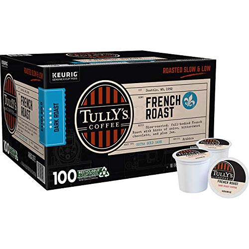 Close-up shows rich crema from Tully's French Roast K-Cup brew.