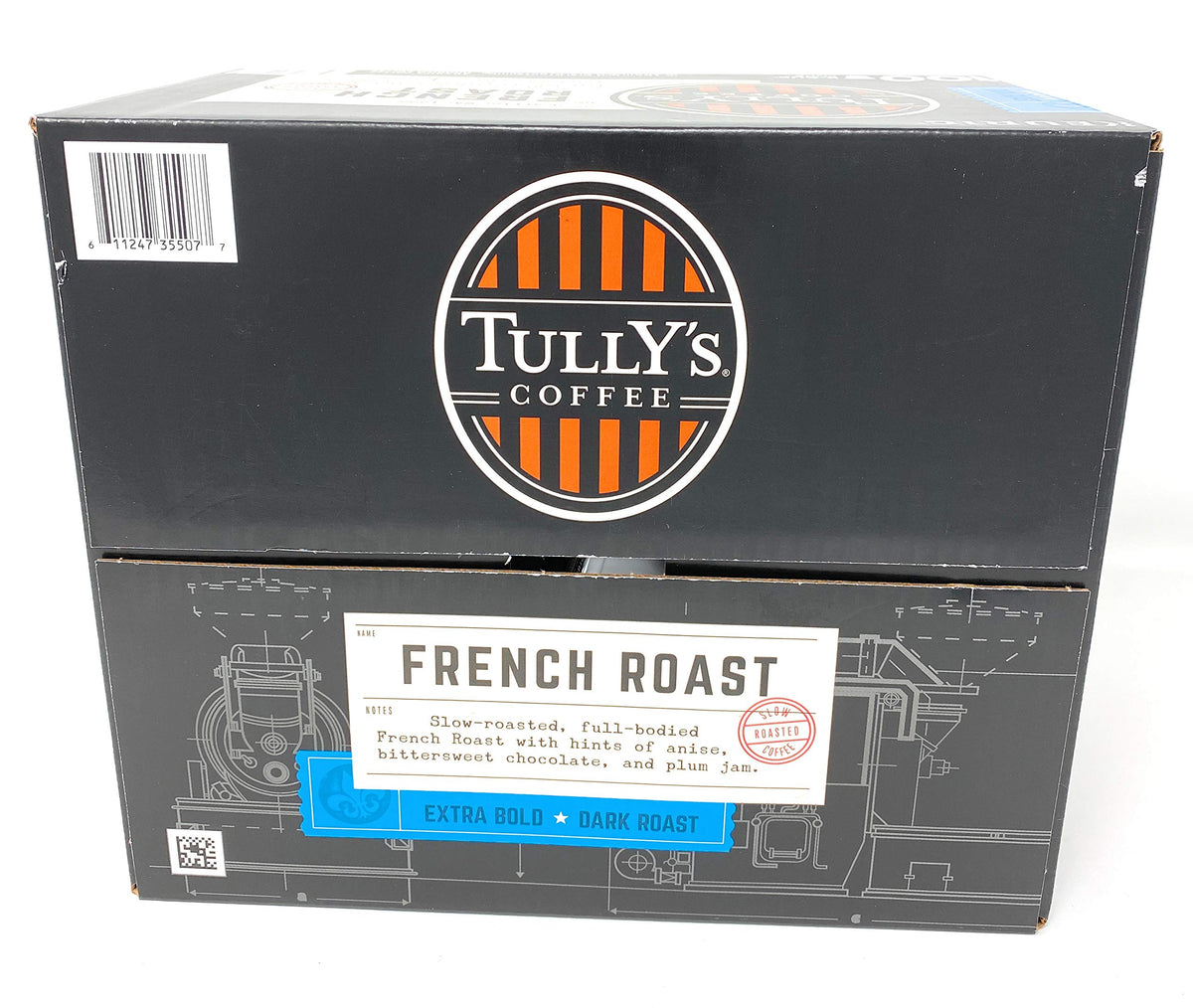 Tully's French Roast K-Cup pods foil pack sits on a shelf preserving freshness.