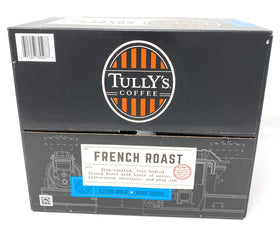 Tully's French Roast K-Cup pods foil pack sits on a shelf preserving freshness.