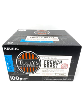 Steam rises from a cup brewed with Tully's French Roast K-Cup pods.