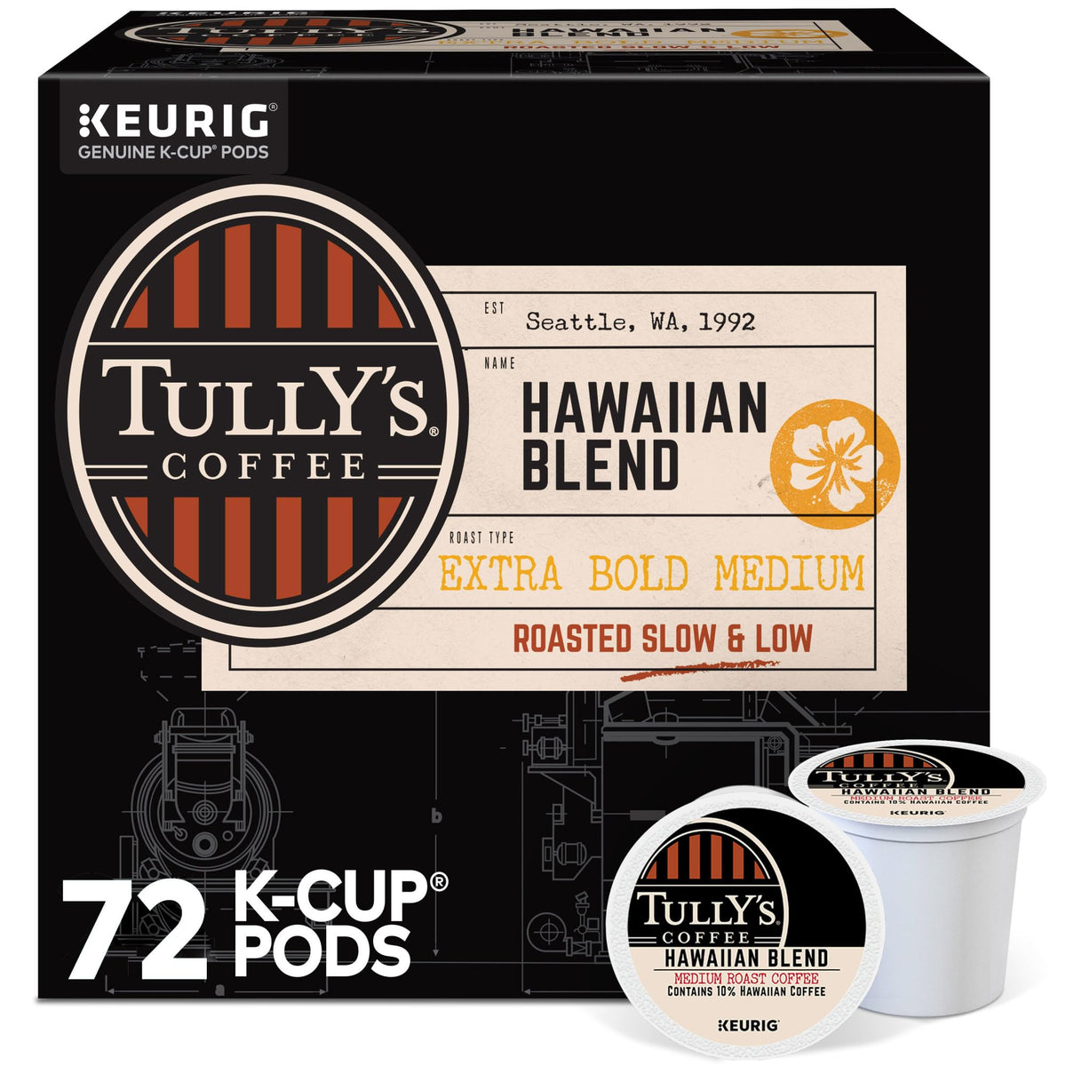 Tully's Hawaiian Blend K-Cup pods for convenient single-serve brewing.
