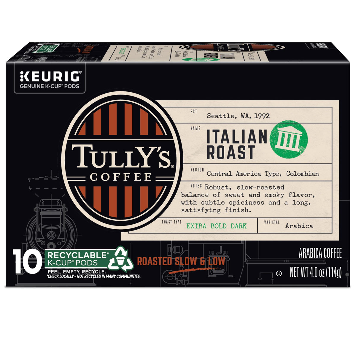 Tully's Italian Roast box front view showcases 60-count, six-pack convenience.