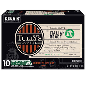 Tully's Italian Roast box front view showcases 60-count, six-pack convenience.