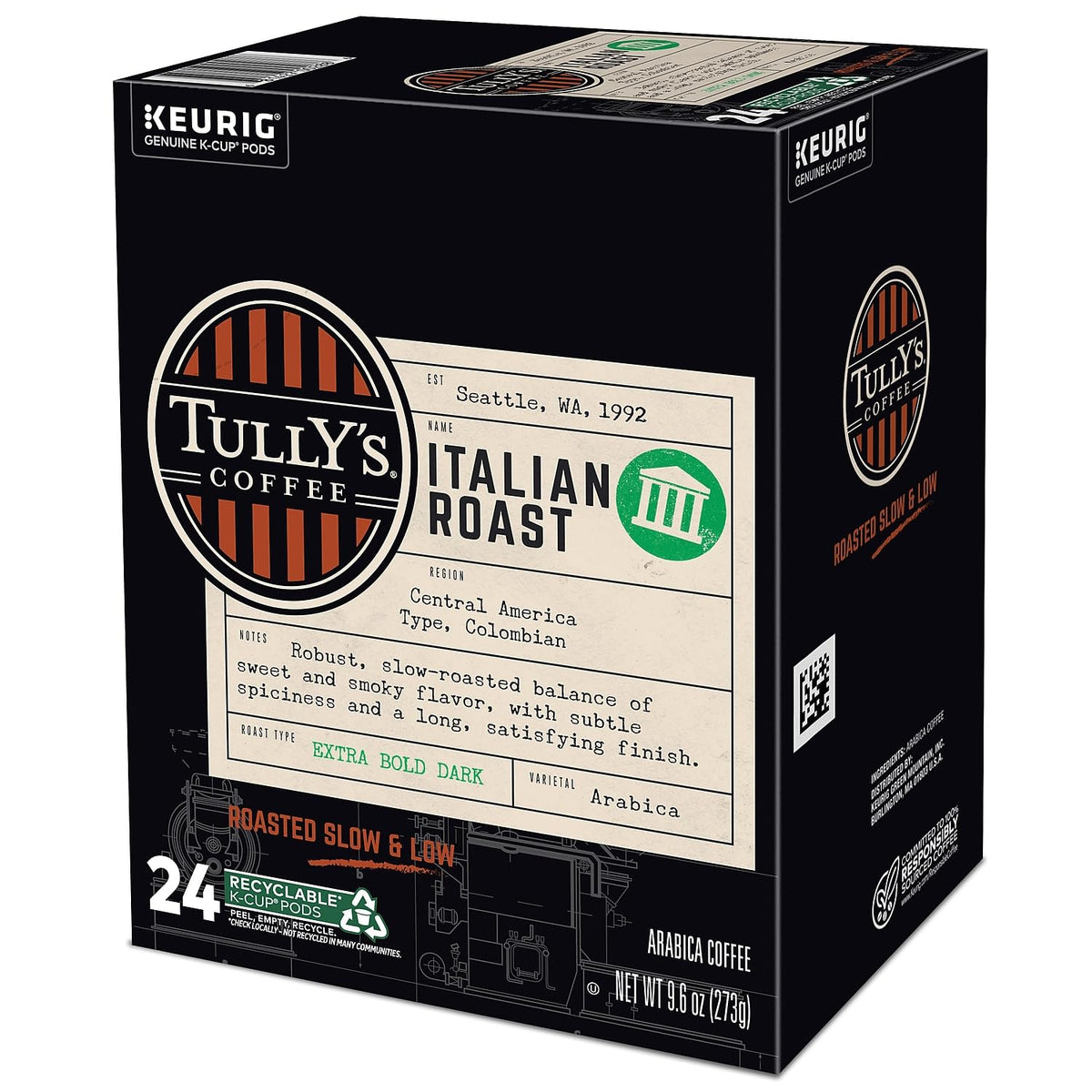 Tully's Italian Roast brewed coffee in a cup with a rich finish.