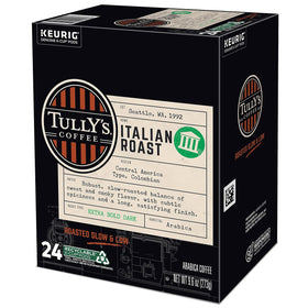 Tully's Italian Roast brewed coffee in a cup with a rich finish.