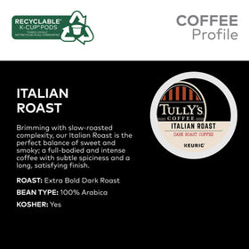 Steaming cup of Tully's Italian Roast with rich, full-bodied scent.