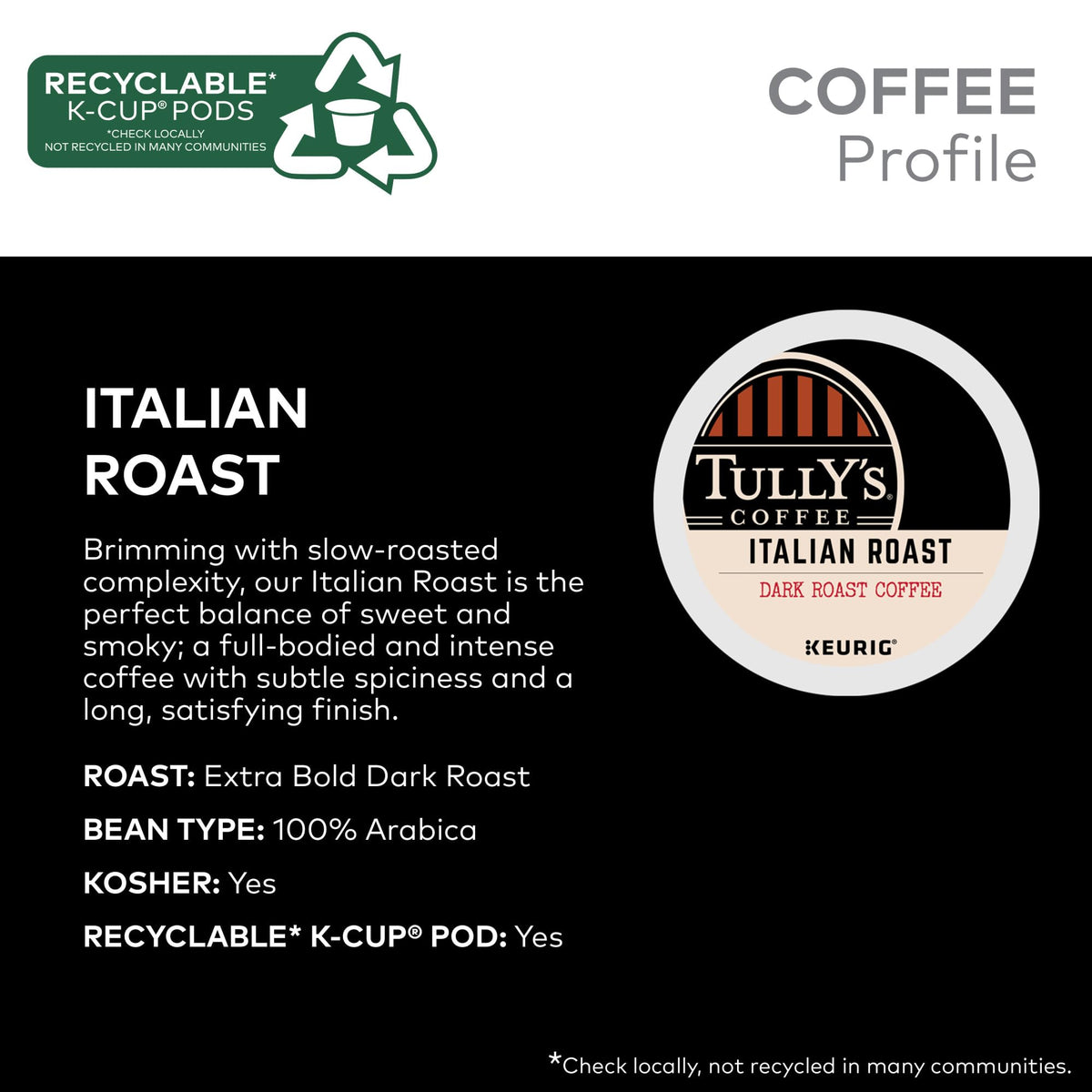 Tully's Italian Roast K-Cup box emphasizes dark roast packaging.