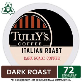Close-up of Tully's Italian Roast K-Cup pod ready for use.
