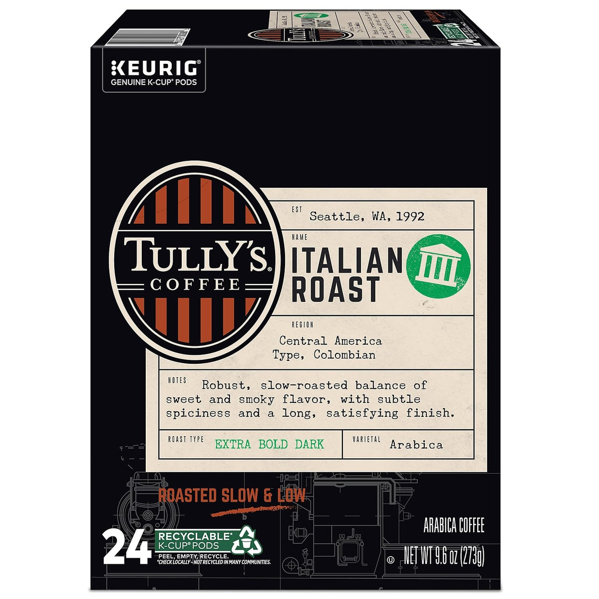 Tully's Italian Roast K-Cup being dispensed into a brewer for convenience.