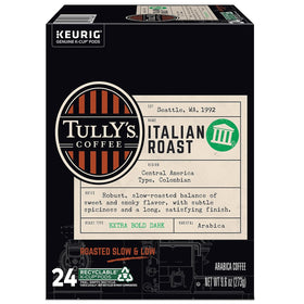 Tully's Italian Roast K-Cup being dispensed into a brewer for convenience.