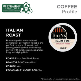 Tully's Italian Roast K-Cup on the kitchen counter, ready for daily cup.