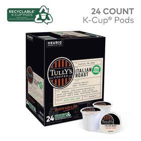 Tully's Italian Roast K-Cup opened, showing compact pods for quick coffee.