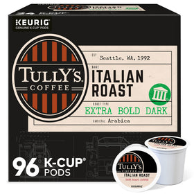 Tully's Italian Roast K-Cup pods for bold, full-bodied morning coffee.