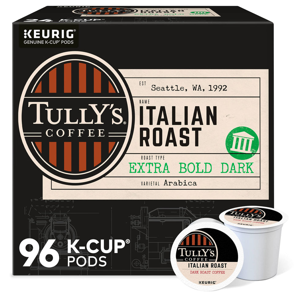Tully's Italian Roast K-Cup pods for bold, full-bodied morning coffee.