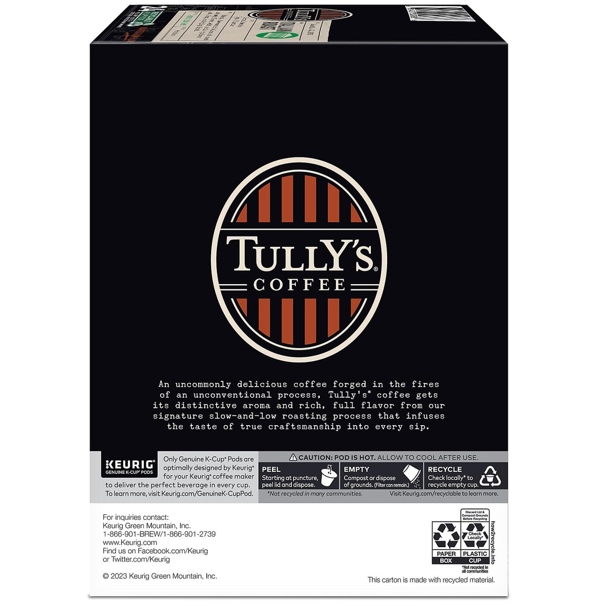 Tully's Italian Roast K-Cups beside a Keurig, highlighting easy compatibility.