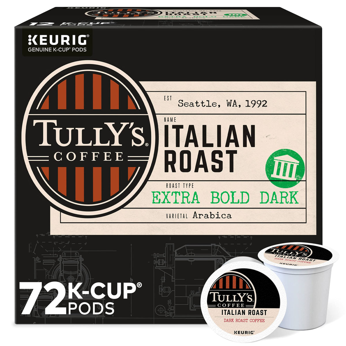 Tully's Italian Roast packaging highlighting premium coffee depth.