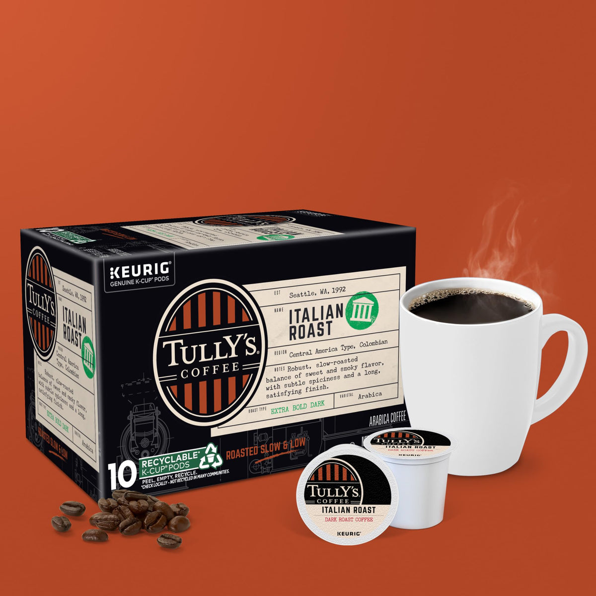 Tully's Italian Roast recyclable pods promote eco-friendly single-serve use.