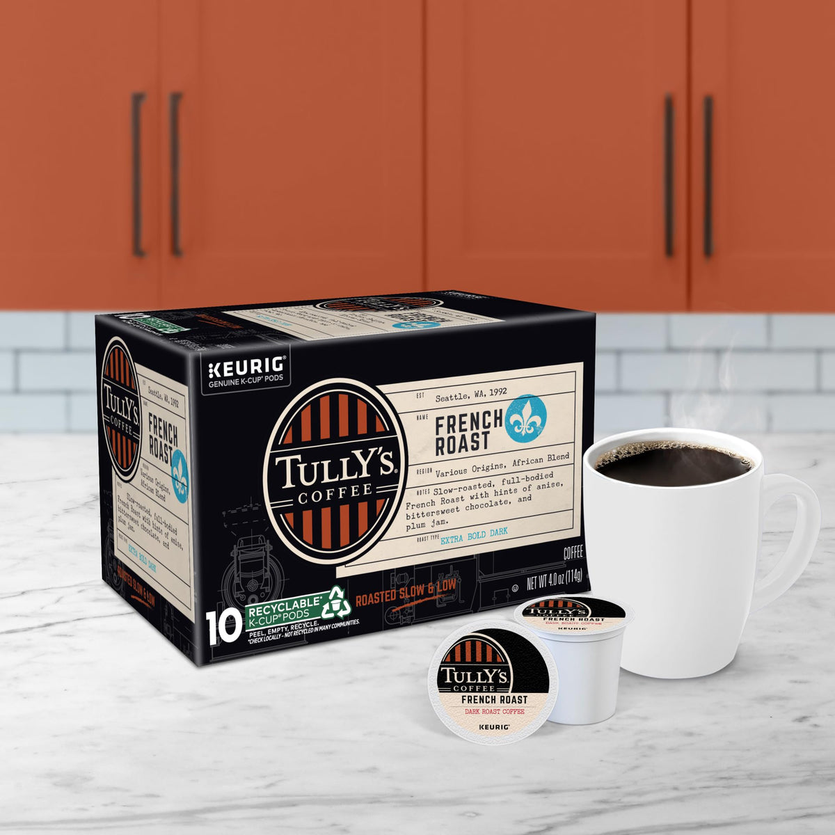 Steaming cup of TULLY'S French Roast highlighting chocolate and anise notes.