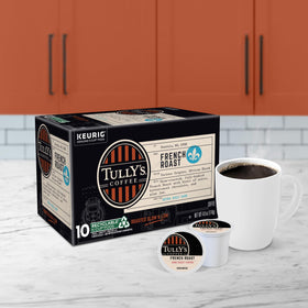 Steaming cup of TULLY'S French Roast highlighting chocolate and anise notes.