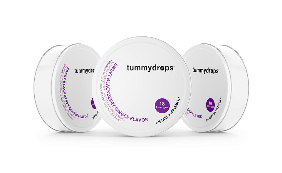 Tummy Drops Organic Sweet Blackberry Ginger in a 3-tin pack, ideal for on-the-go flavor.