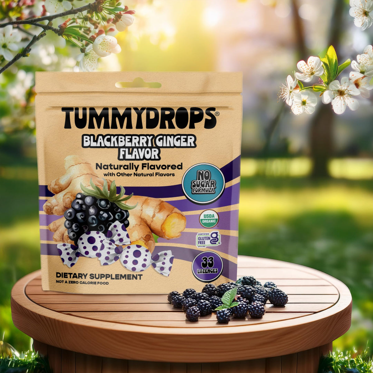 Tummydrops brand logo on packaging signals trusted organic ginger brand.