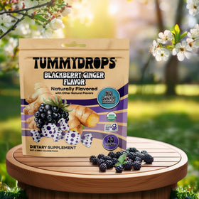 Tummydrops brand logo on packaging signals trusted organic ginger brand.
