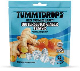 Tummydrops butterscotch-ginger lozenges box front highlighting organic ginger flavor for calm digestion