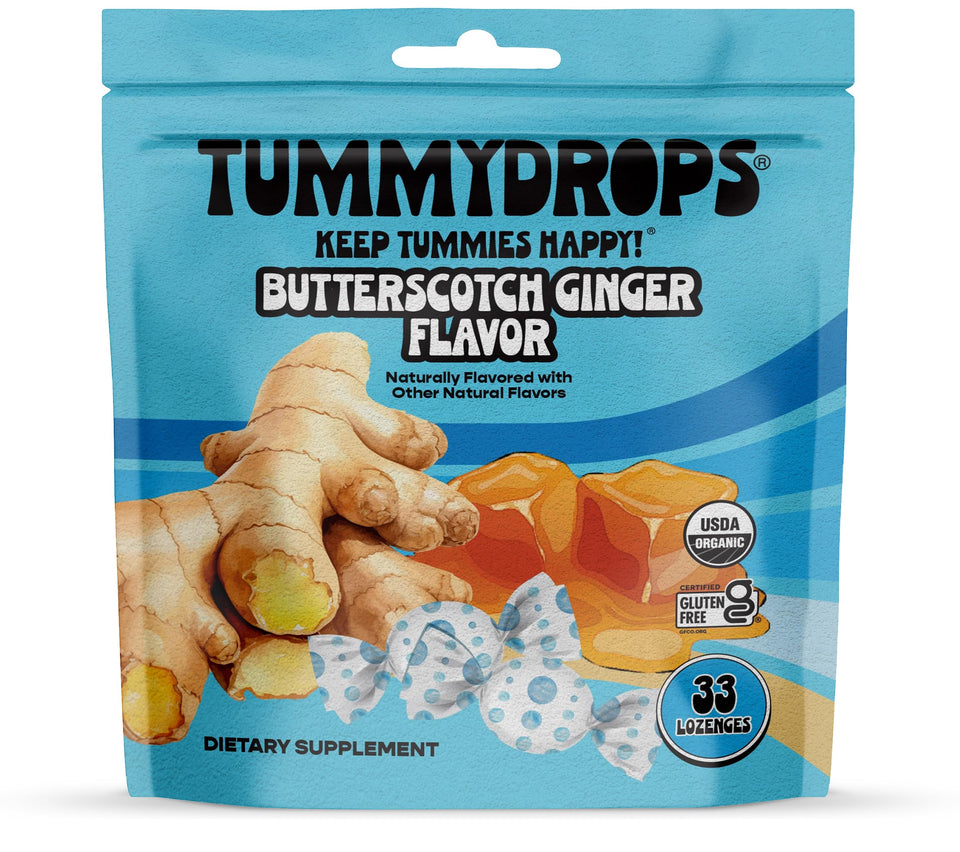 Tummydrops butterscotch-ginger lozenges box front highlighting organic ginger flavor for calm digestion