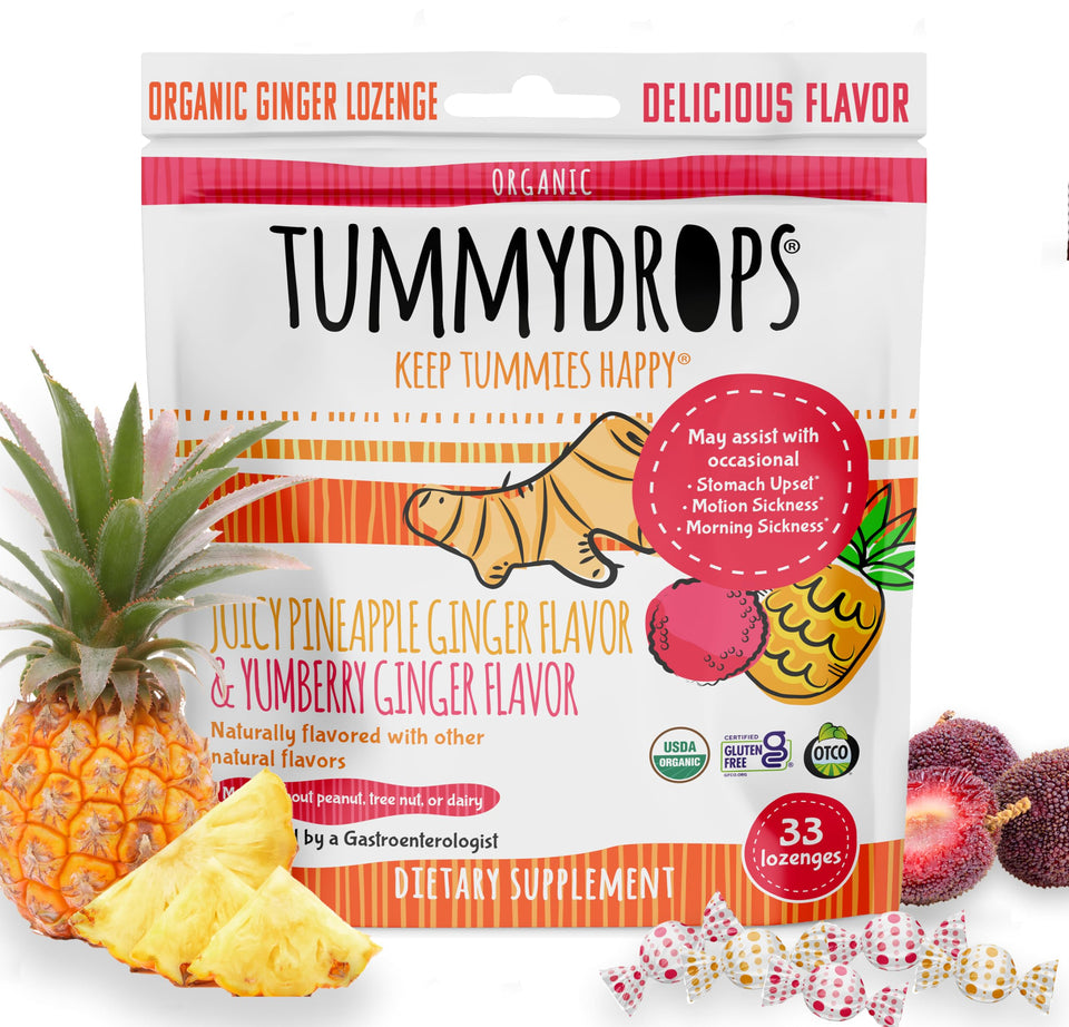 Tummydrops ginger lozenge pineapple pack highlights organic, portable flavor for travel.