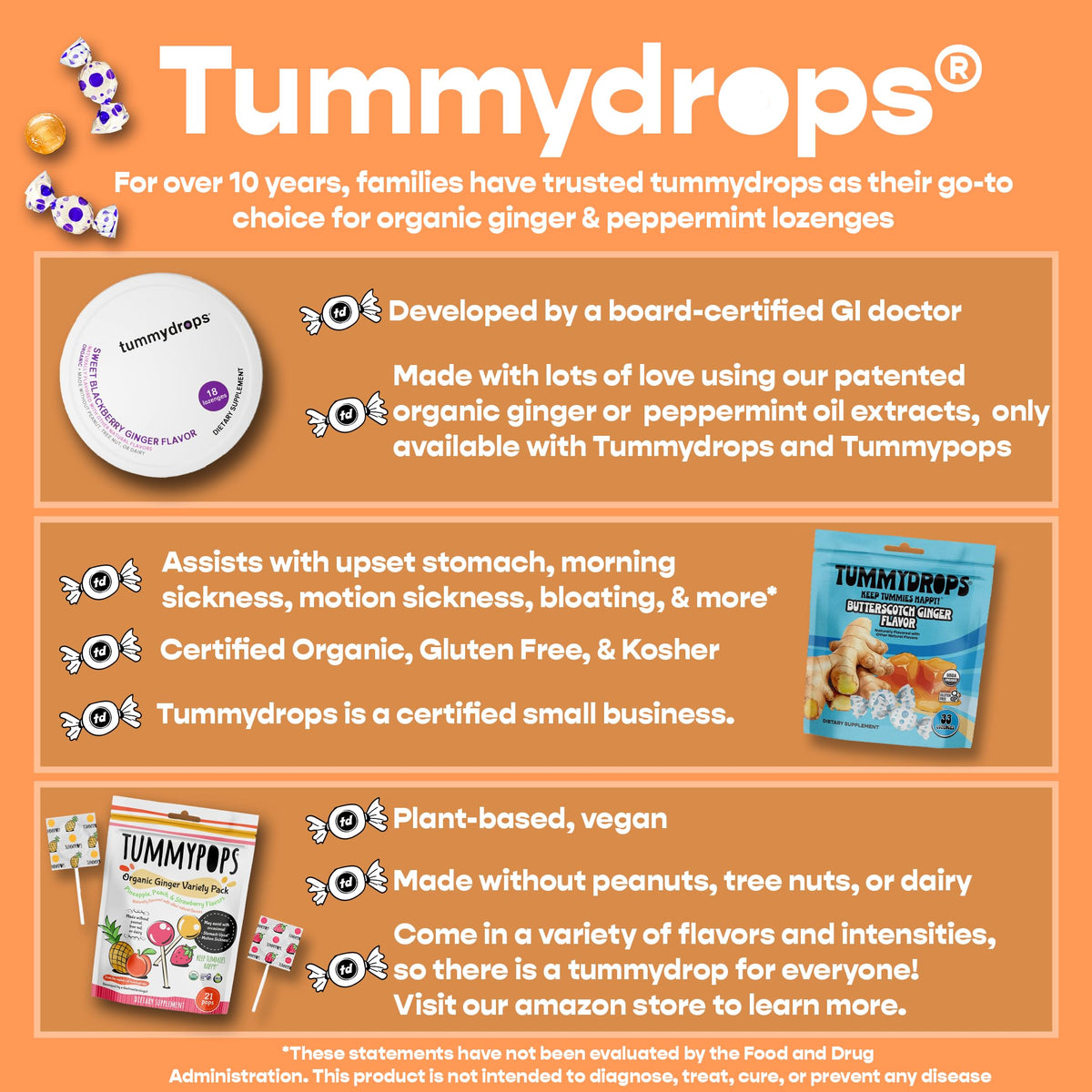 TummyDrops Mellow Ginger blackberry tin close-up, highlighting fruity flavor