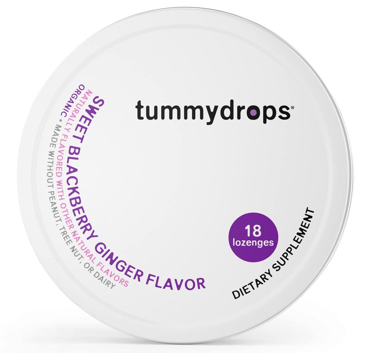 TummyDrops Mellow Ginger yumberry tin close-up, berry-inspired taste