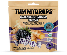 Tummydrops no sugar blackberry ginger lozenge bottle for on-the-go soothing.