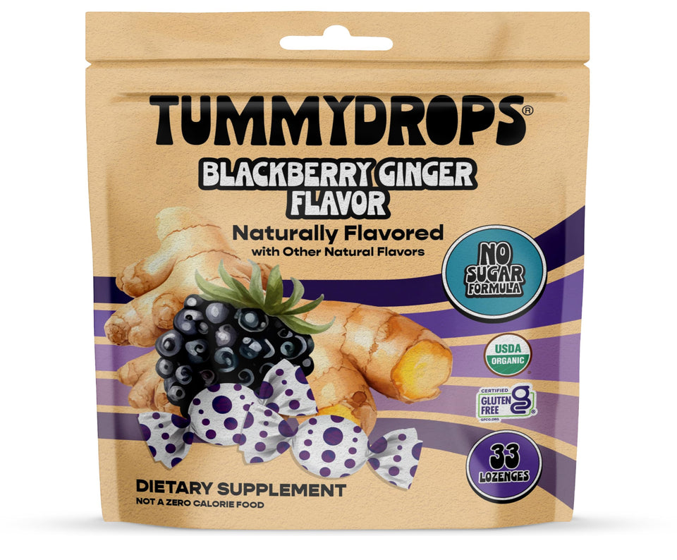 Tummydrops no sugar blackberry ginger lozenge bottle for on-the-go soothing.