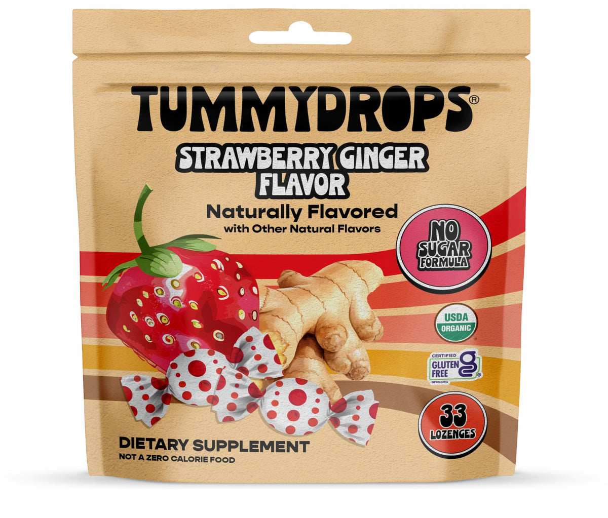 Tummydrops no sugar strawberry ginger lozenge box for on-the-go flavor