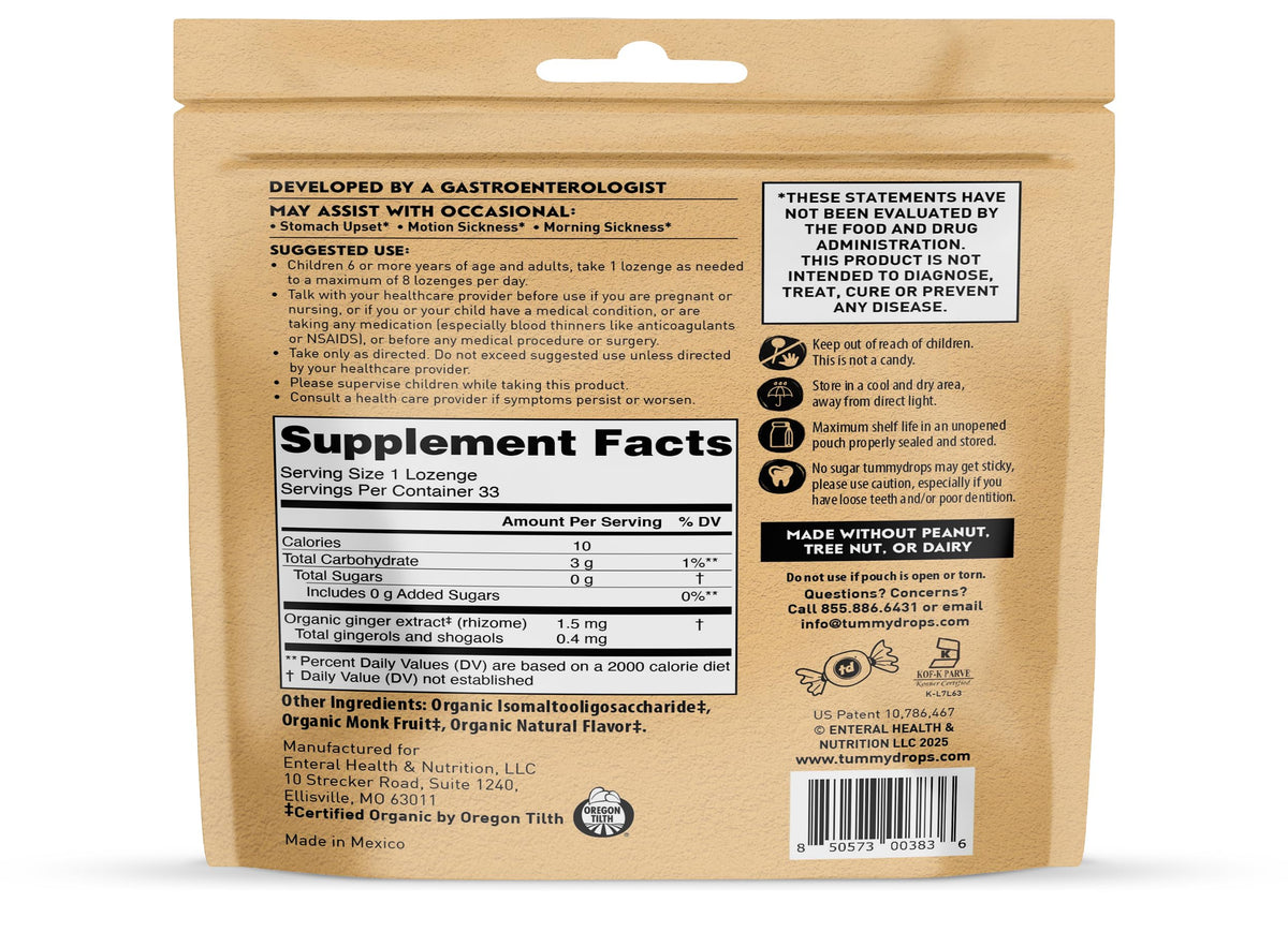 Tummydrops organic ginger extract label shown for quality.