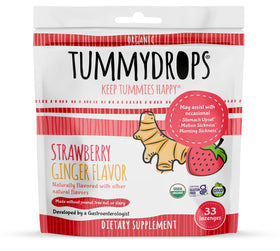 Tummydrops strawberry-ginger lozenge wrapped for easy on-the-go use.