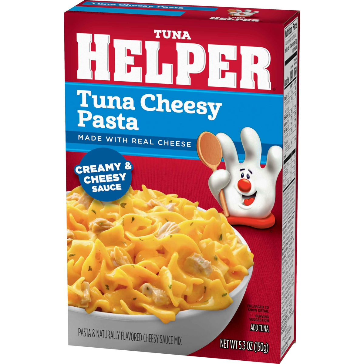 Tuna Helper ready-mix packaging close-up highlighting 100% real cheese richness.