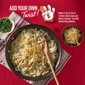 Tuna Helper Tetrazzini ready-to-serve skillet with noodles and cheese, quick family meal.