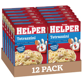 Tuna Helper Tetrazzini pasta meal box open, creamy sauce hints for easy weeknight dinner.