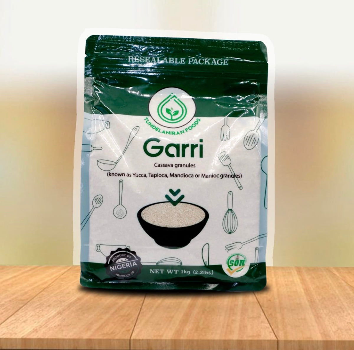 TundeLaniran Foods Ijebu Garri pack front, premium cassava granules for quick meals