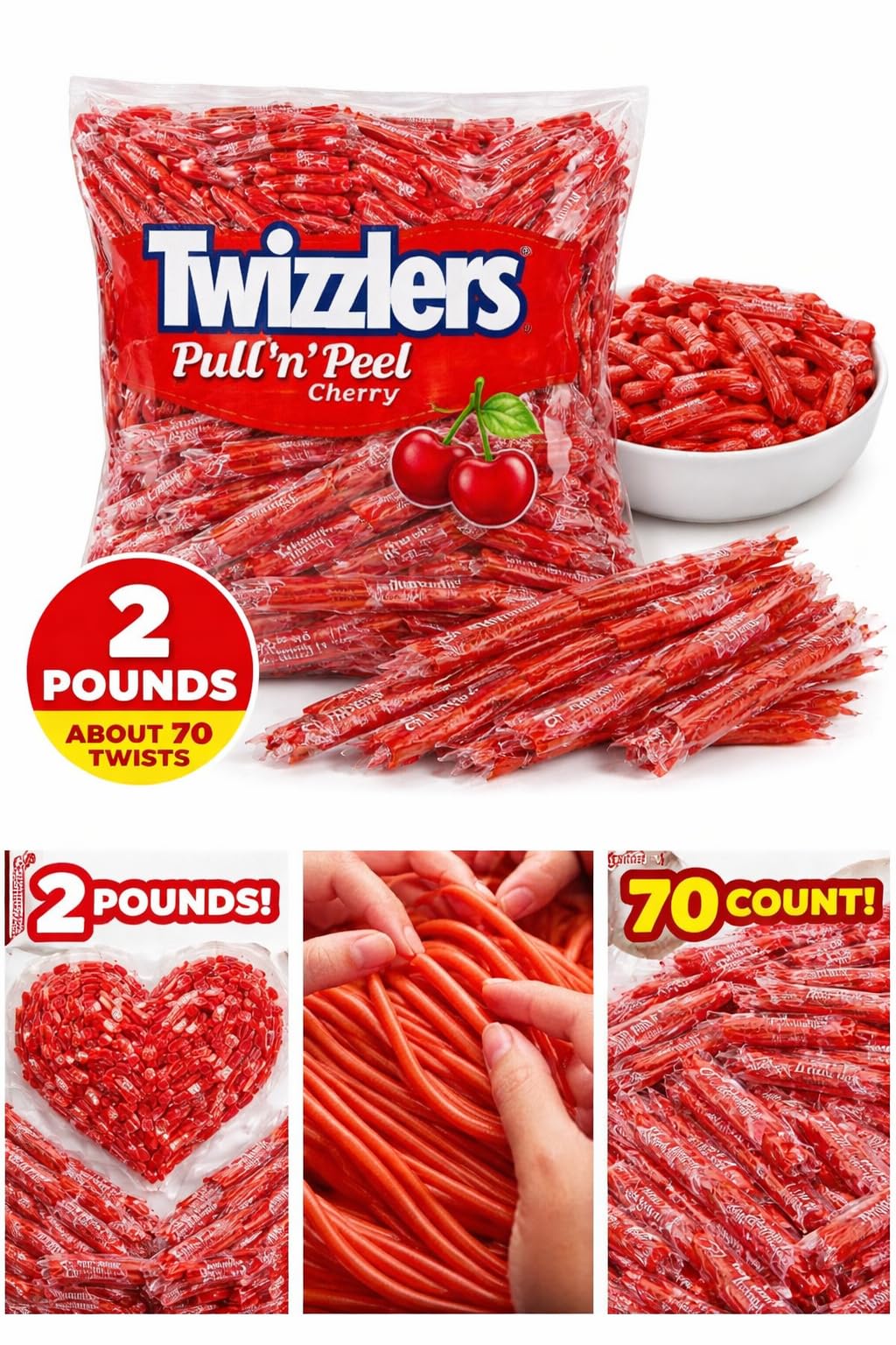 Tundras Twizlers Cherry licorice closeup showcases chewy texture and vibrant red flavor.